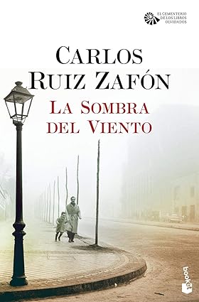 a book cover of a man and two children walking on a street. La Sombra del Viento