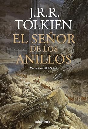 a book cover with a painting of a man running through a rocky area. El Señor de los Anillos