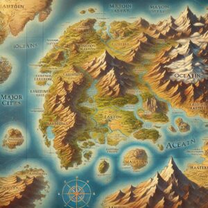 a map of a large land with mountains and water. worldbuilding