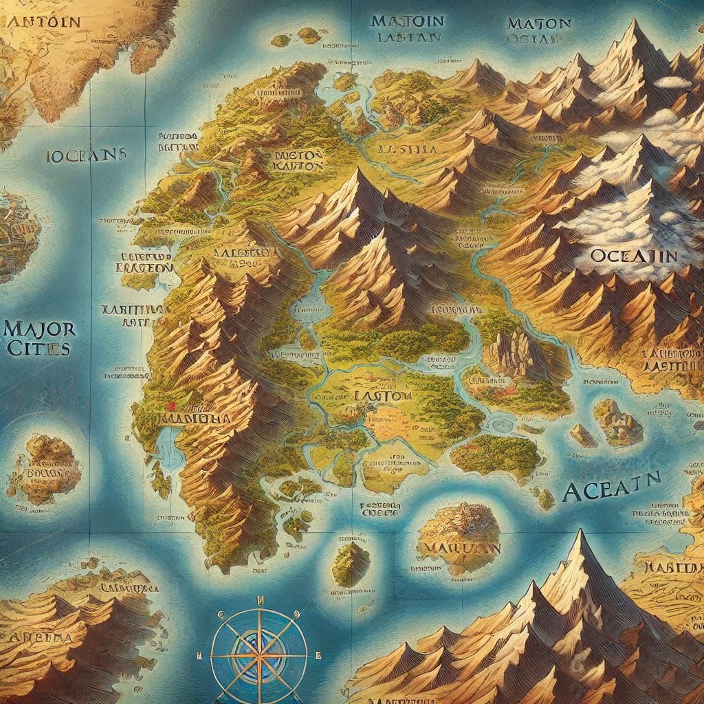 a map of a large land with mountains and water. worldbuilding