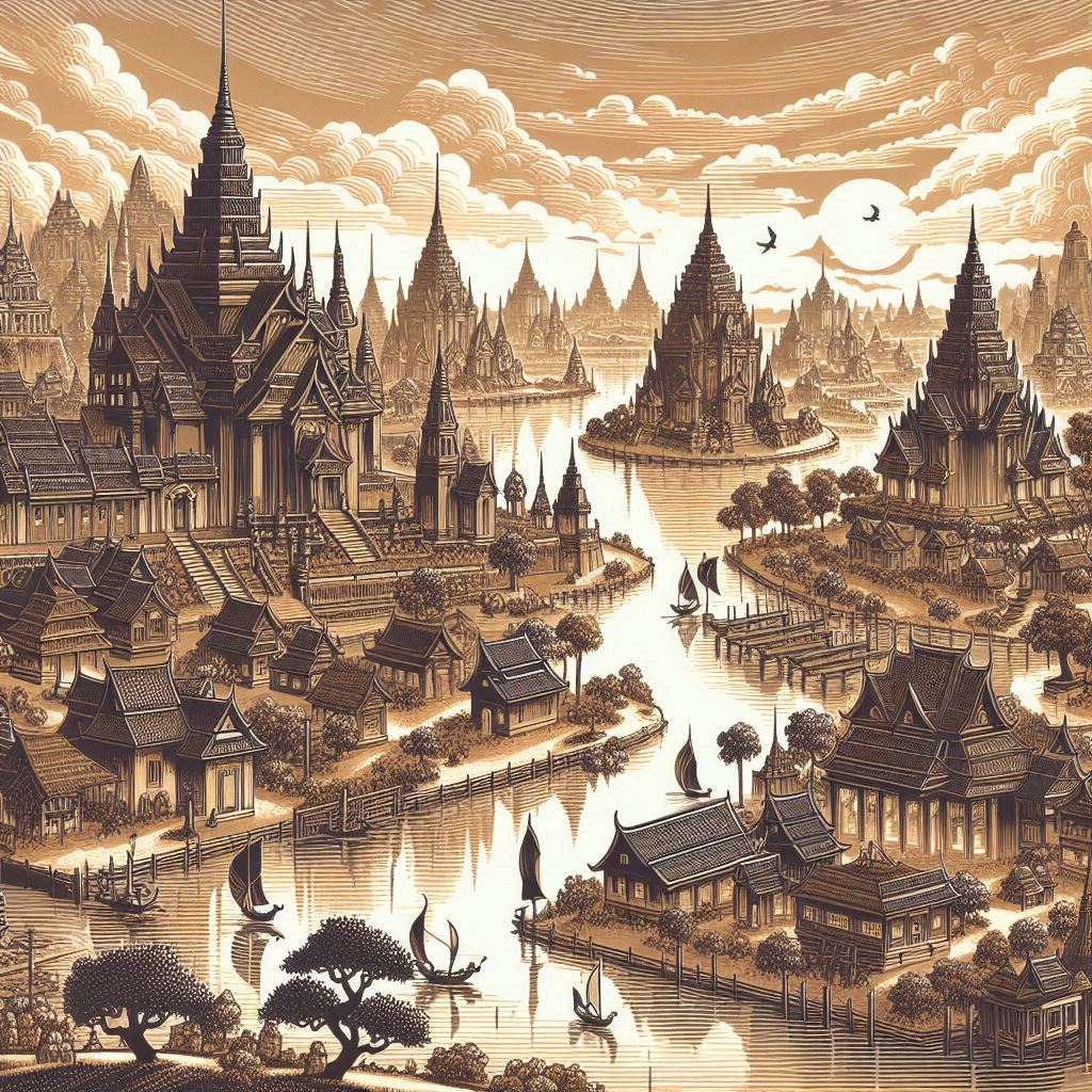 a city with many towers and a river. worldbuilding